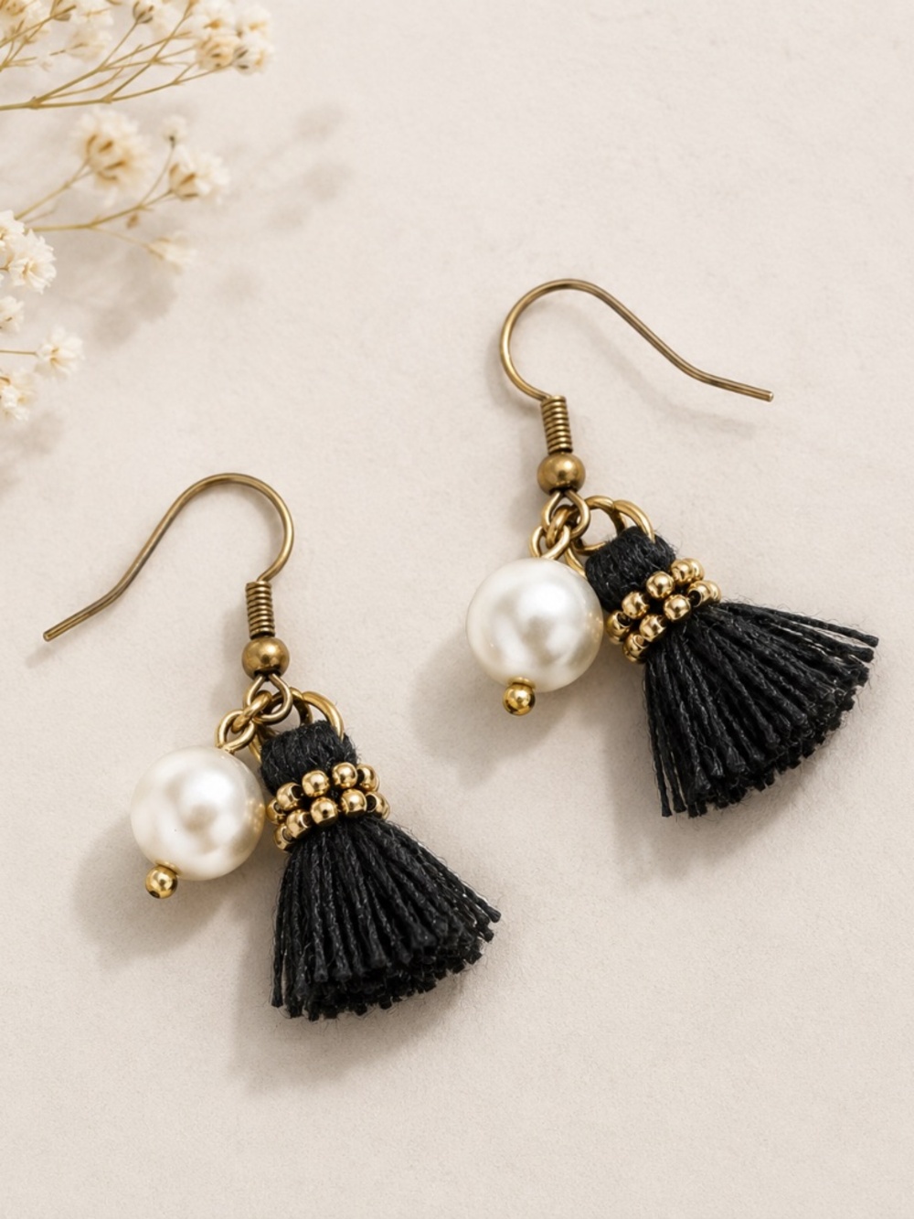 Black Tassel Pearl Drop Earrings Gold Tone J.Crew Style Preppy Classic